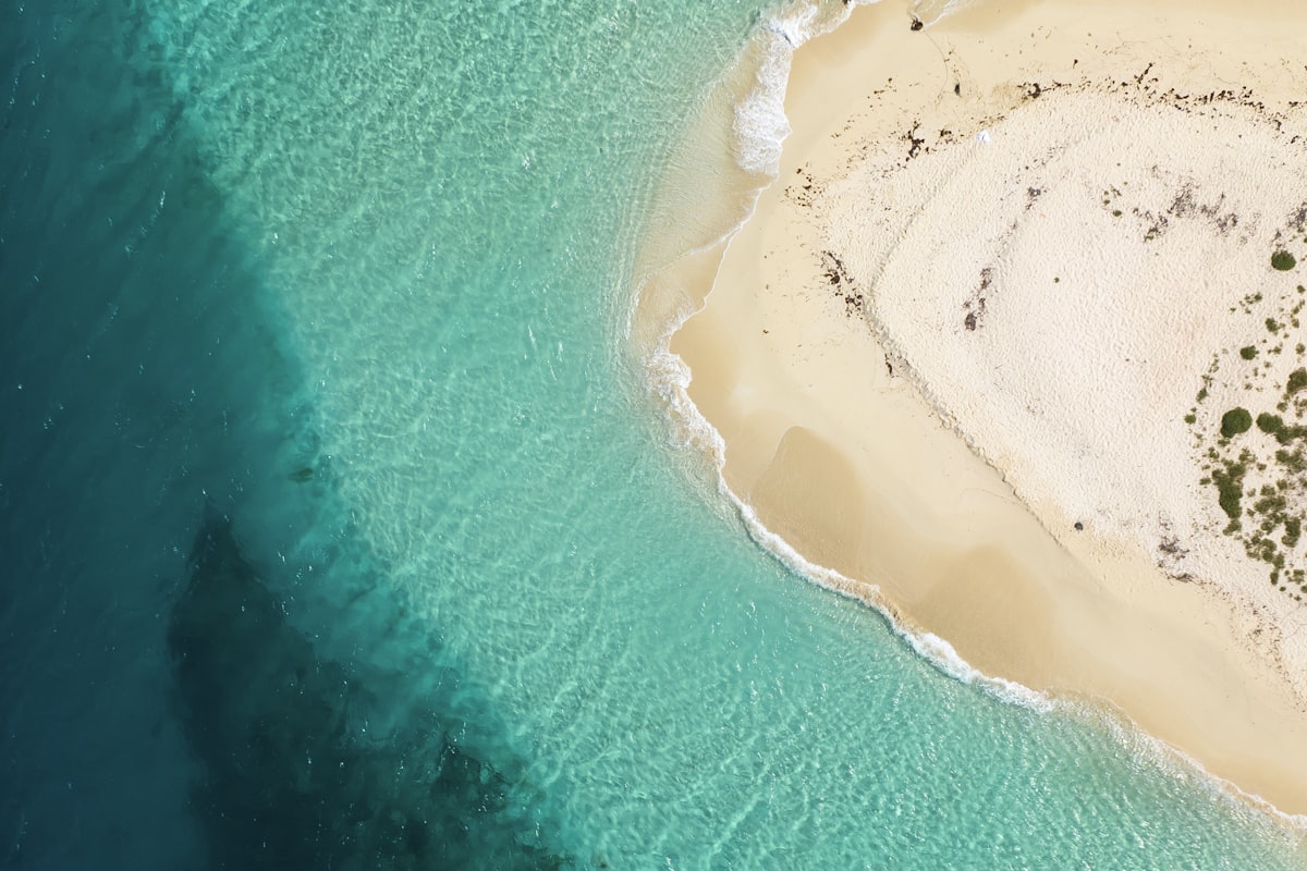 Aerial view of a small island surrounded by turquoise water
