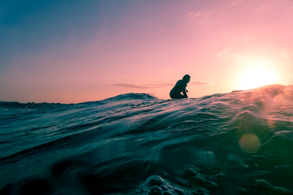Surfer riding a wave at golden hour